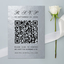 Cartão RSVP Código QR Casamento Falso Folha de Prata Preto