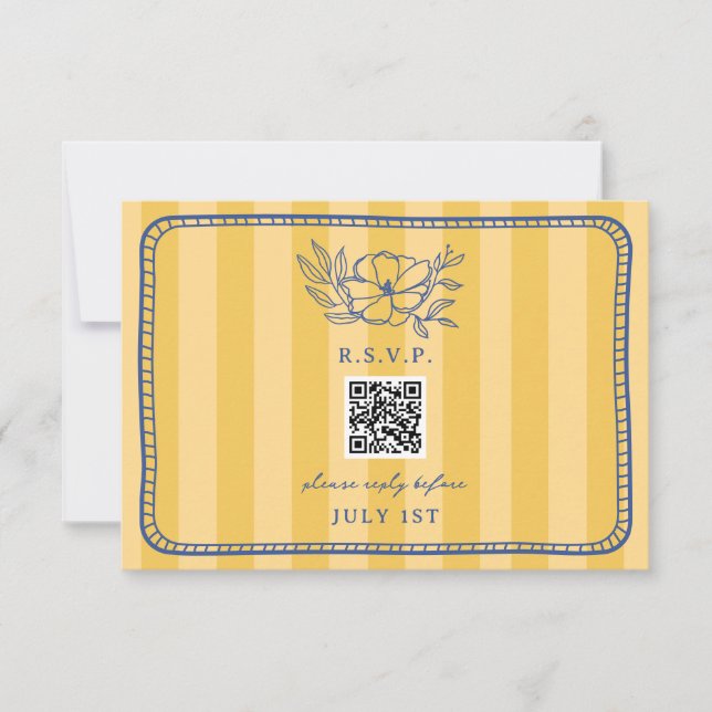 Cartão RSVP Código QR Casamento Floral Azul Stripe Amarelo QR  (Frente)
