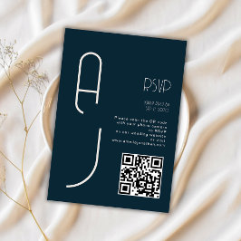 Cartão RSVP Código QR Casamento Minimalista Monograma Azul Mar