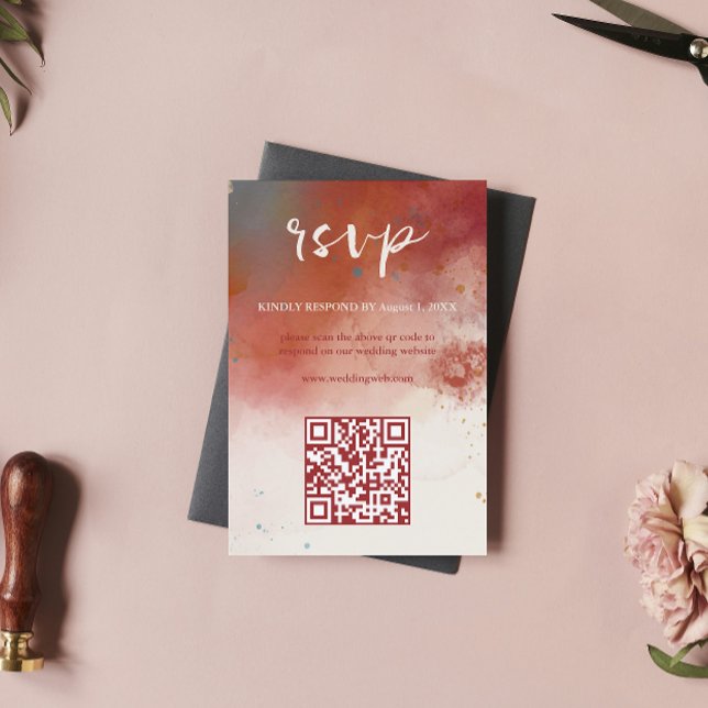 Cartão RSVP Código QR Casamento por Aquarela Moderna Terracott (Criador carregado)