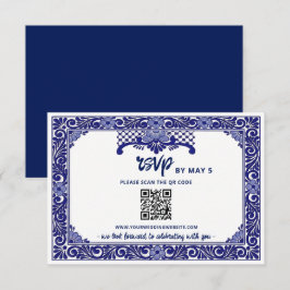 Cartão RSVP Código QR Casamento Talavera Azul Marinha Mexicana