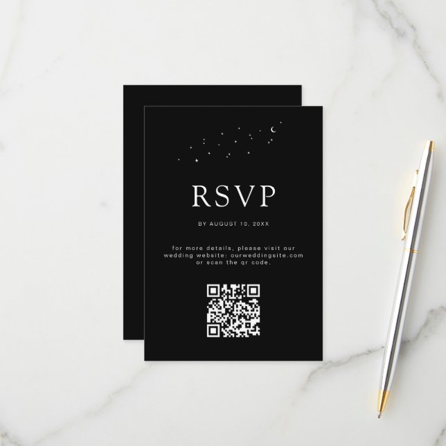 Cartão RSVP Código QR Celestial Moderno Casamento Negra (Frente/Verso In Situ)