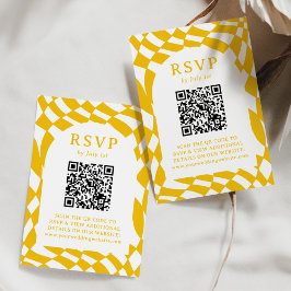 Cartão RSVP Código QR com Xadrez Amarelo Retro para Casamento