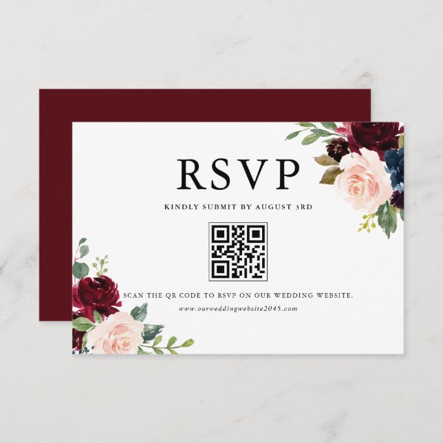 Cartão RSVP Código QR das flores azuis e da Borgonha (Frente/Verso)