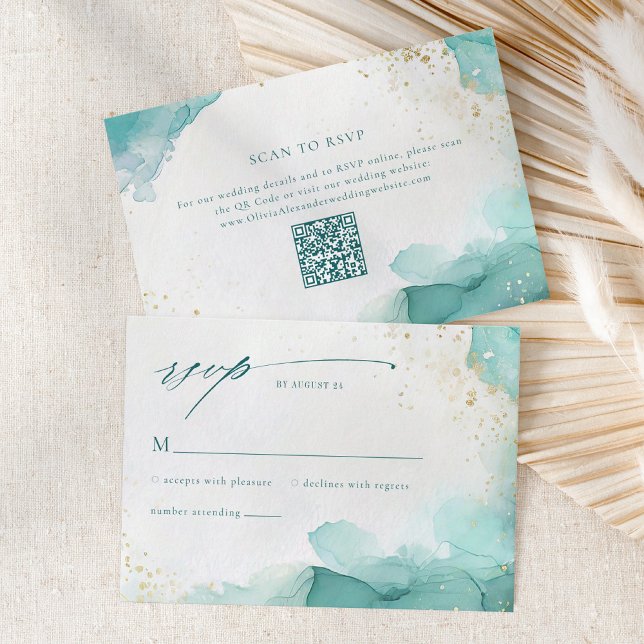 Cartão RSVP Código QR de Casamento Abstrato em Azul Verde e Do (Criador carregado)