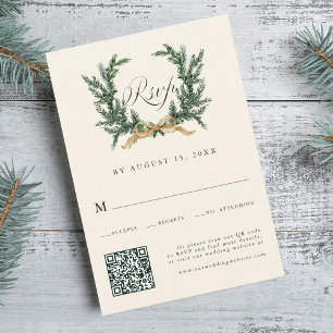 Cartão RSVP Código QR de casamento Arco Dourado e Coroa de Pin