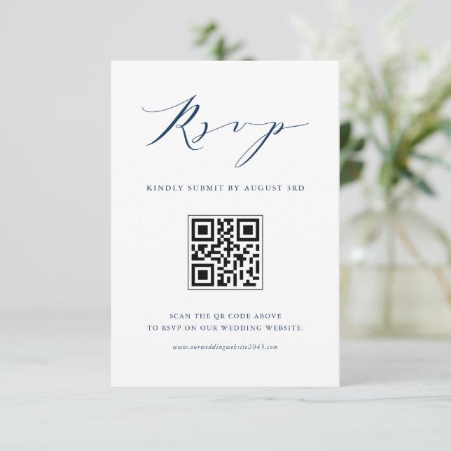 Cartão RSVP Código QR de Casamento Azul de Casamento Marinho d (Em pé/Frente)