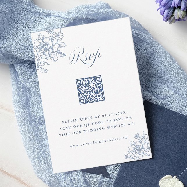 Cartão RSVP Código QR de Casamento Azul Dusty com Jardim de Sa (Criador carregado)