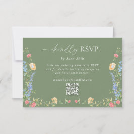 Cartão RSVP Código QR de Casamento Boho Wildflower Sage Verde