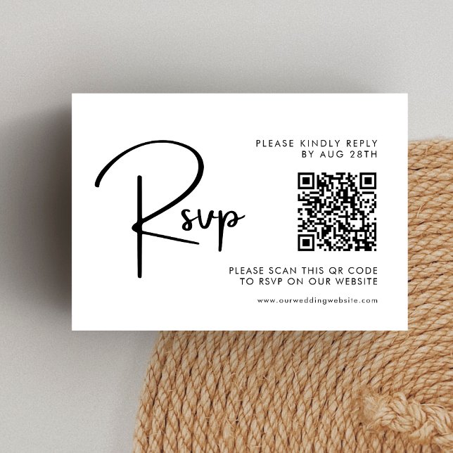 Cartão RSVP Código QR de Casamento Branco e Preto Elegante e M (Criador carregado)