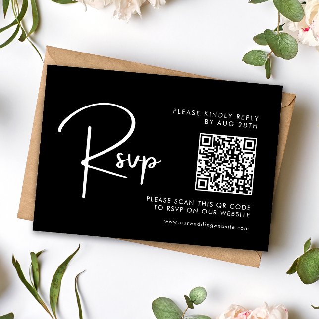 Cartão RSVP Código QR de Casamento Branco e Preto Elegante e M (Criador carregado)