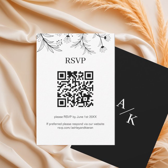 Cartão RSVP Código QR de Casamento Branco e Preto Floral Elega (Criador carregado)