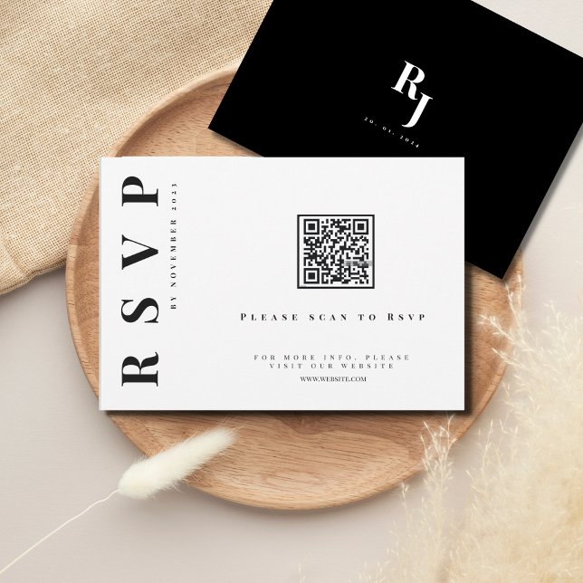 Cartão RSVP Código qr de casamento branco e preto mínimo ousad (Criador carregado)