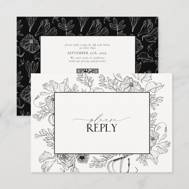 Cartão RSVP Código QR de Casamento Branco Negro Elegante (Frente/Verso)