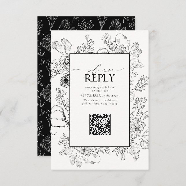 Cartão RSVP Código QR de Casamento Branco Preto Elegante Por F (Frente/Verso)