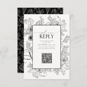Cartão RSVP Código QR de Casamento Branco Preto Elegante Por F