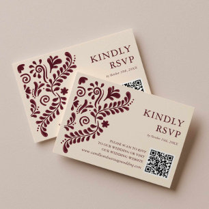 Cartão RSVP Código QR de Casamento Burgundy Mexicano