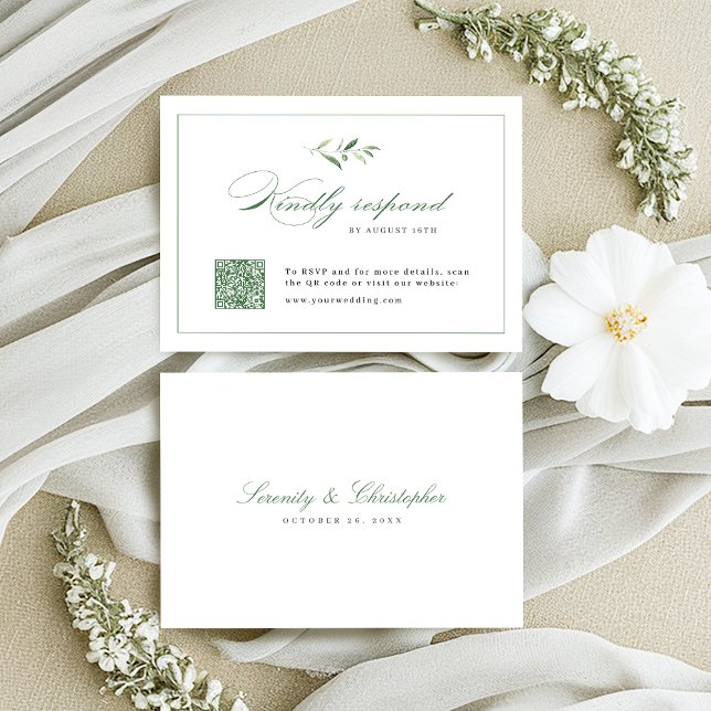 Cartão RSVP Código QR de casamento Clássico do Script de Elegâ (Classic Elegance Script Greenery wedding QR code RSVP Card)