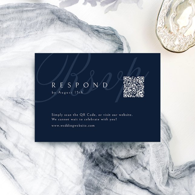 Cartão RSVP Código QR de casamento com caligrafia clássica da  (Navy Classic Elegance Calligraphy Wedding QR code RSVP Card)