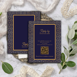 Cartão RSVP Código QR de Casamento com Design Intricado em Azu
