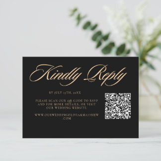 Cartão RSVP Código QR de casamento com letra cursiva preta ele