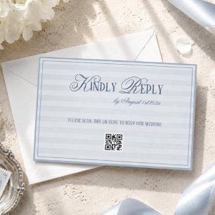 Cartão RSVP Código QR de casamento com listras azuis de Patel