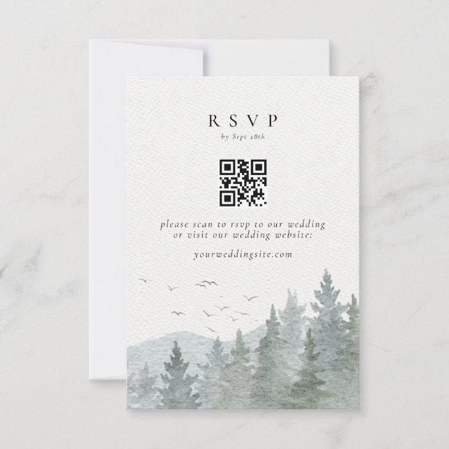 Cartão RSVP Código QR de Casamento de Árvore de Montanha de Aq (Frente)