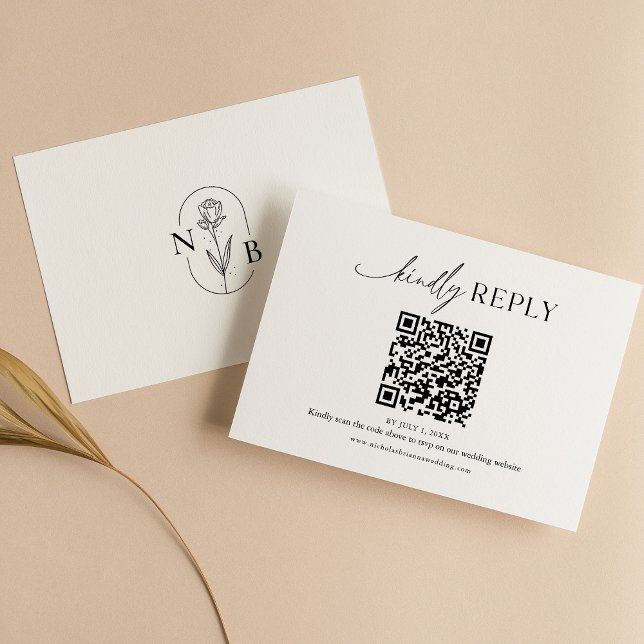 Cartão RSVP Código QR de Casamento de Boho Branco Preto Mínimo (Criador carregado)