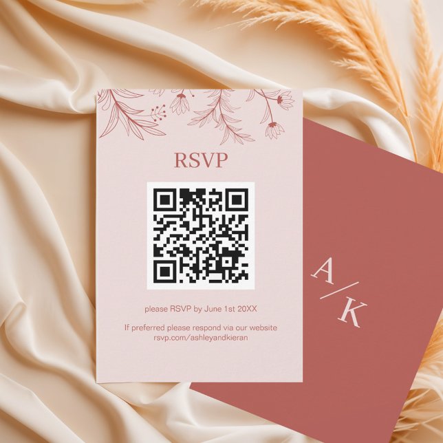 Cartão RSVP Código QR de Casamento de Boho Floral Elegante (Criador carregado)