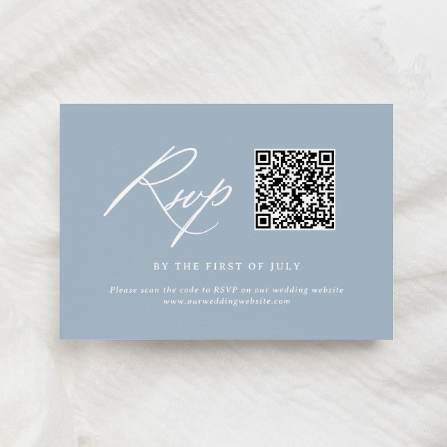 Cartão RSVP Código QR de Casamento de Caligrafia Azul Elegante (Criador carregado)