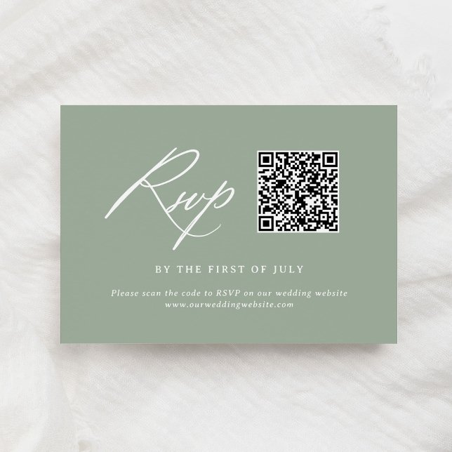 Cartão RSVP Código QR de Casamento de Caligrafia Verde Elegant (Criador carregado)