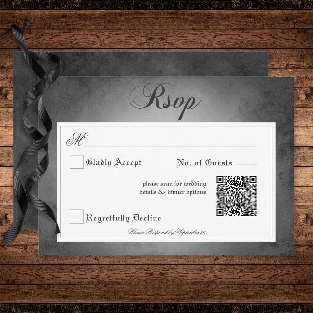Cartão RSVP Código QR de Casamento de Casamento da Matriz Pret (Dark Gothic Black Watercolor Moth Wedding QR Code RSVP Card)