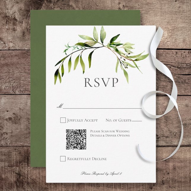 Cartão RSVP Código QR de Casamento de Casamento de Bough Green (Rustic Botanical Greenery Bough Wedding Response Card with QR Code)