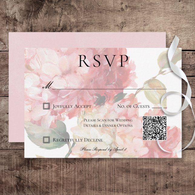 Cartão RSVP Código QR de Casamento de Casamento de Hydrangea B (Modern Pink Blush Hydrangea Wedding Response Card with QR Code)