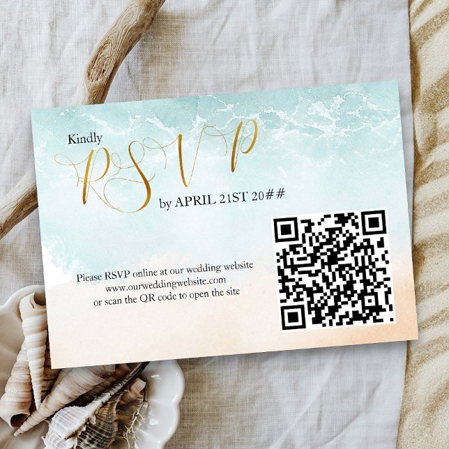 Cartão RSVP Código QR de Casamento de Destino de Praia (Online RSVP with wedding website url and custom QR code - Boho Beach Collection)