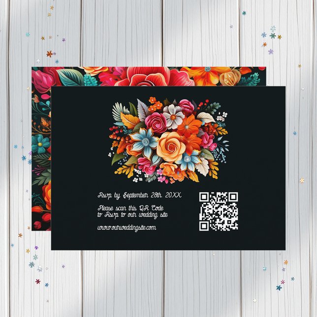 Cartão RSVP Código QR de Casamento de Fiesta Floral de Aquarel (Colorful Watercolor Floral Fiesta Wedding QR Code RSVP Card)