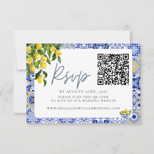 Cartão RSVP Código QR de Casamento de Limão do Mediterrâneo (Frente)