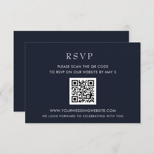 Cartão RSVP CÓDIGO QR de Casamento de Marinho Moderno Elegante (Frente/Verso)