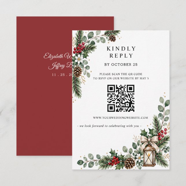 Cartão RSVP Código QR de casamento de Natal de inverno com fru (Frente/Verso)