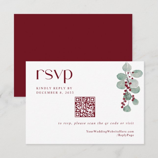 Cartão RSVP Código QR de Casamento de Natal Simples em Borgonh (Frente/Verso)