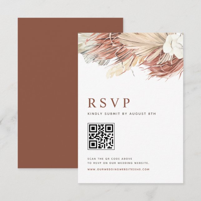 Cartão RSVP Código QR de Casamento de Orquídeas Boho e Folhas  (Frente/Verso)