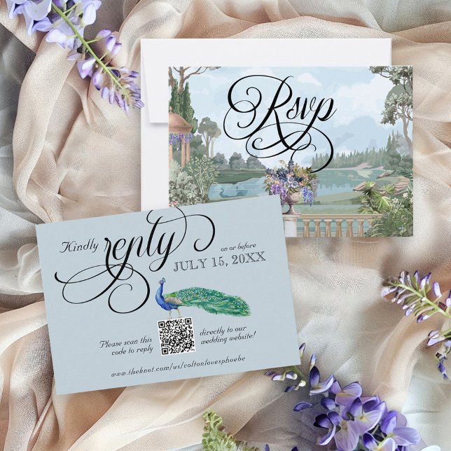 Cartão RSVP Código QR de Casamento de Peacock da Regência Eleg (Elegant light dusty blue Regency Bridgerton theme peacock wedding QR code website RSVP card)