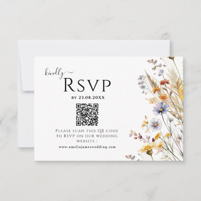 Cartão RSVP Código QR de Casamento de primavera de Flores Selv (Frente)
