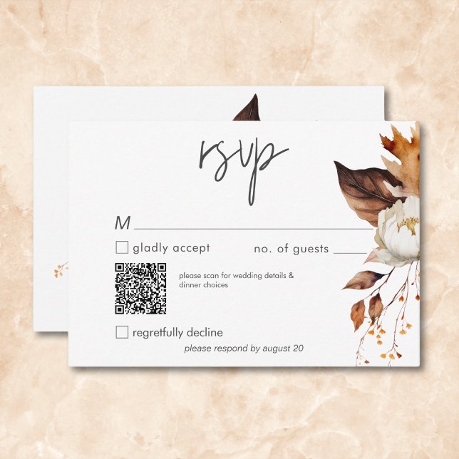 Cartão RSVP Código QR de Casamento de Quadro Floral Neutro de  (Modern Fall Neutral Floral Frame Wedding QR Code RSVP Card)