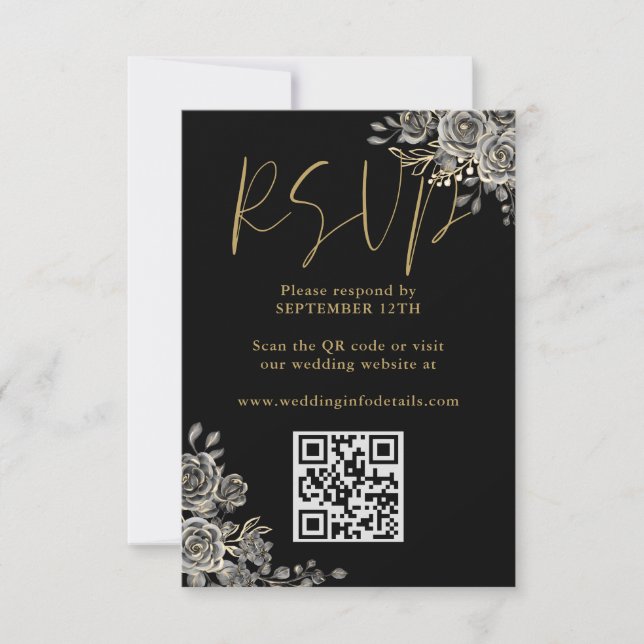 Cartão RSVP Código QR de casamento de rosas florais góticas pr (Frente)