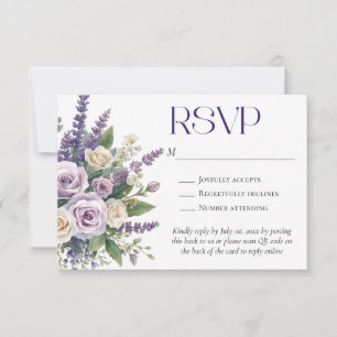 Cartão RSVP Código QR de casamento de rosas lavanda roxas eleg