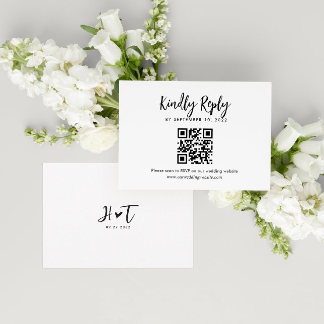 Cartão RSVP Código QR de Casamento de Script Monograma de Cora (Criador carregado)