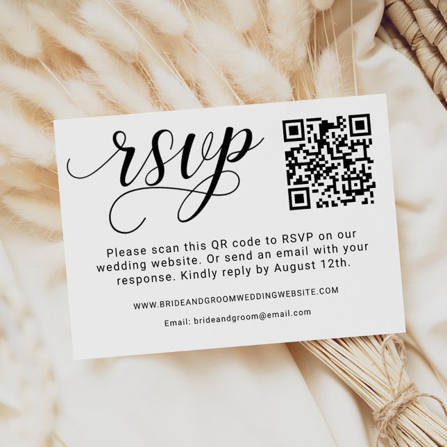Cartão RSVP Código QR de Casamento de Script Preto Elegante (Criador carregado)