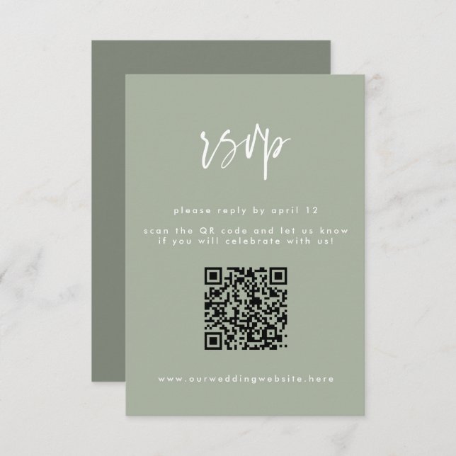 Cartão RSVP Código QR de Casamento de Script Verde de Sage Mín (Frente/Verso)