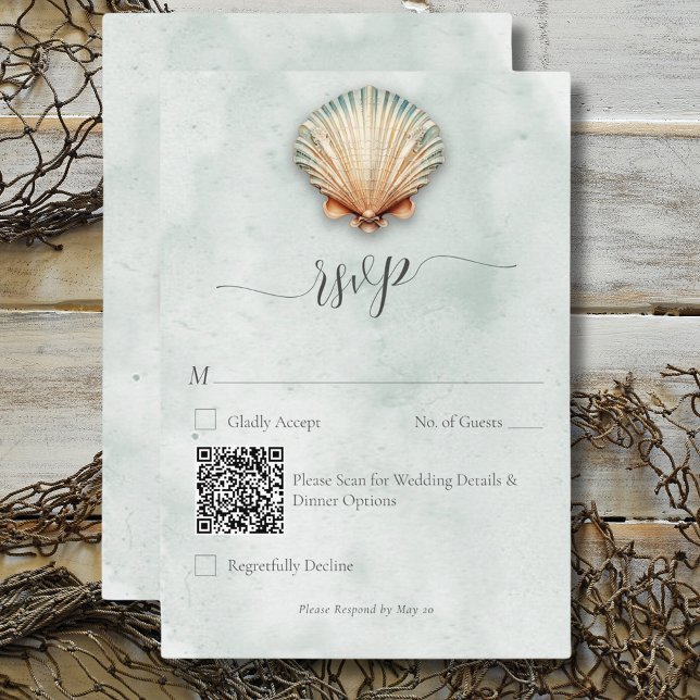 Cartão RSVP Código QR de Casamento de Seashell Aqua Coastal Mo (Modern Coastal Seashell Aqua Wedding QR Code RSVP Card)